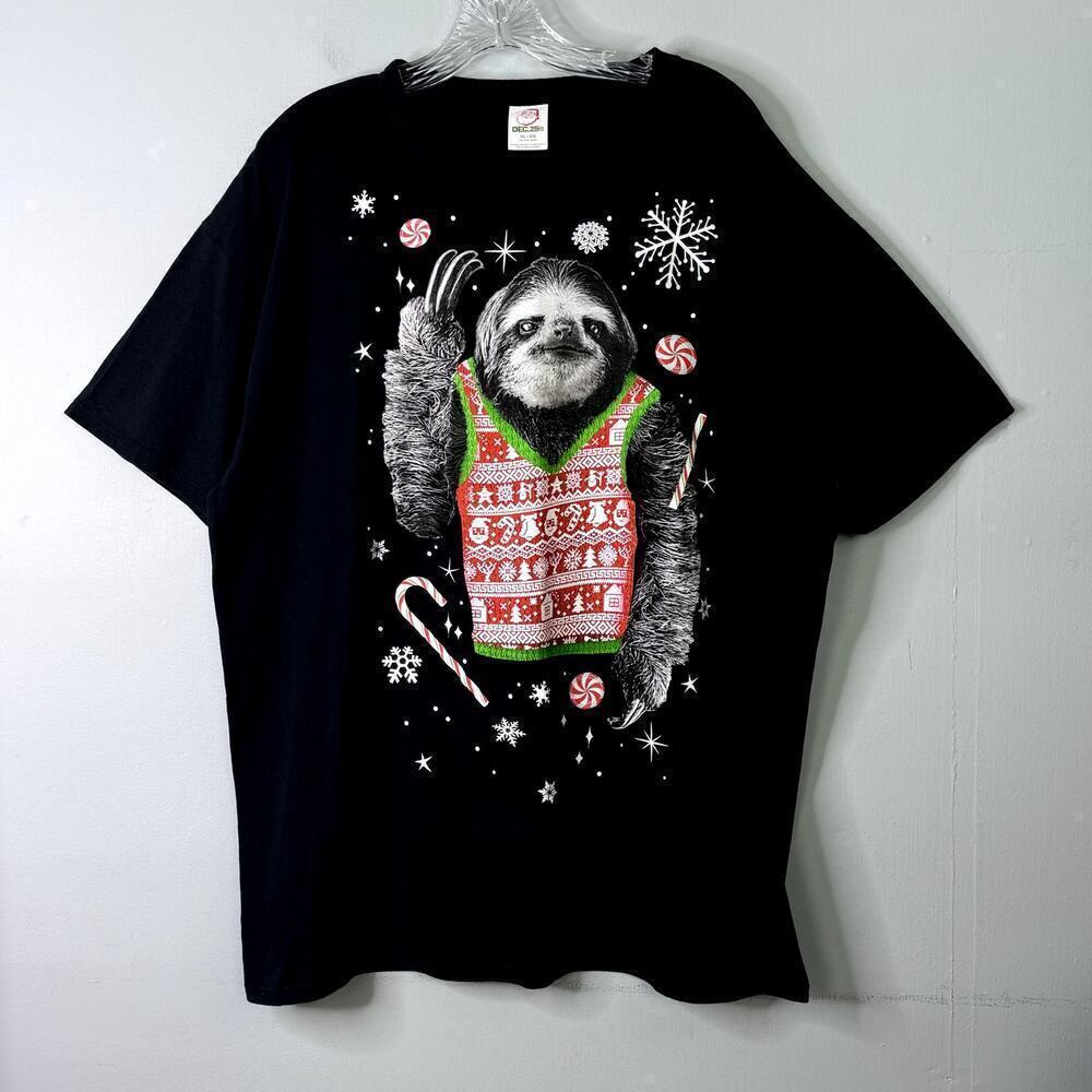 Dec 25th Christmas Sloth Wearing Holiday Vest Funny Black T-Shirt Men's Size XL